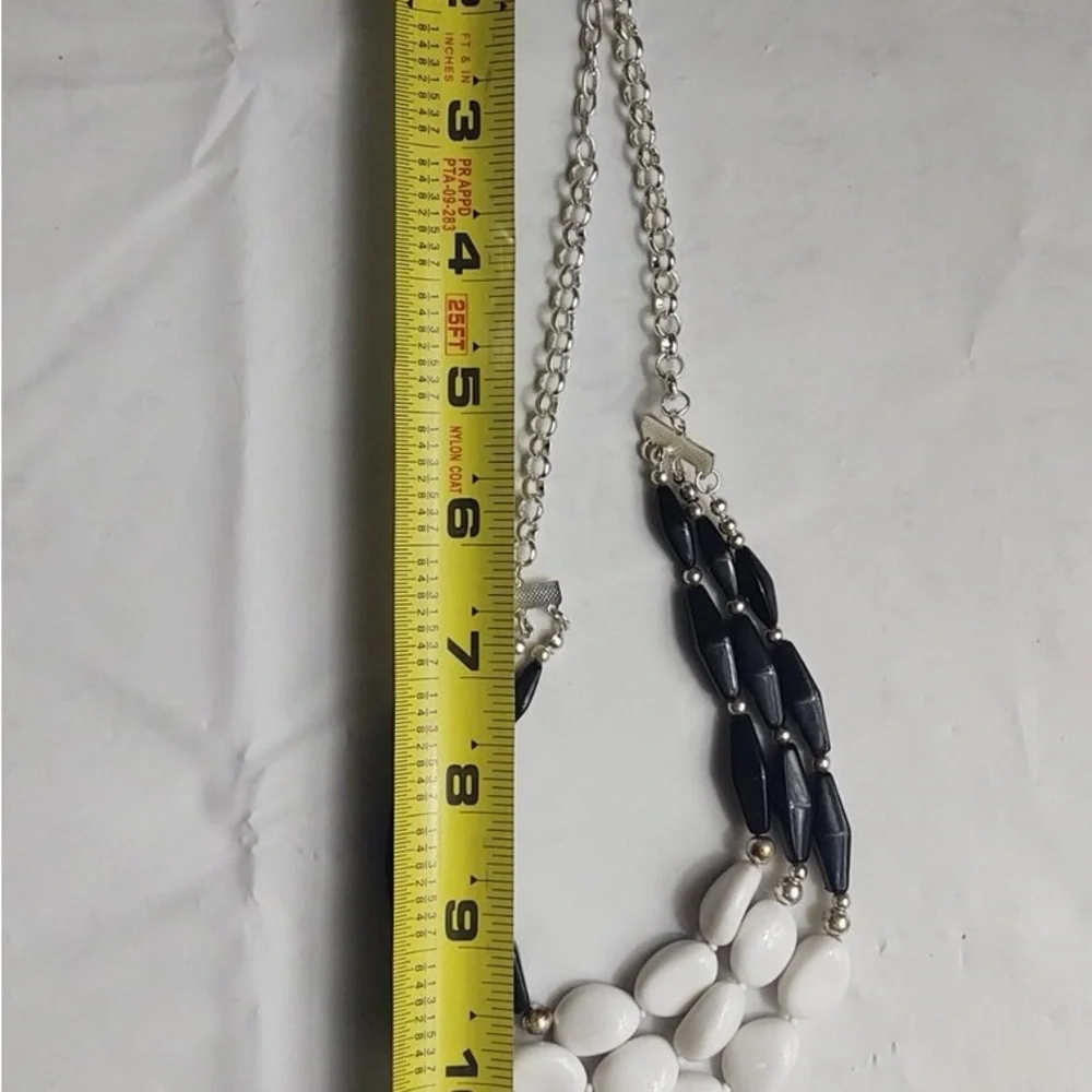 Vintage Multi Strand Beaded Choker Necklace Black White Silver Tone